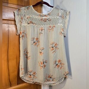Daniel Rainn Boho Floral Lace And Crochet Trim Women's Top Cream And Orange Sz S